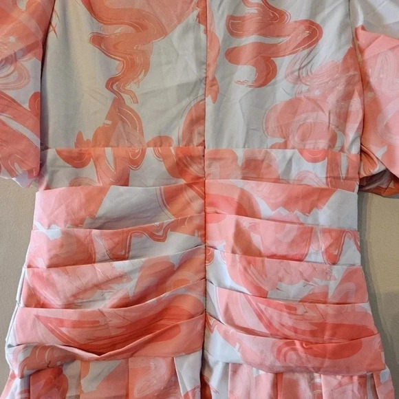 PrettyLittleThing Pink Swirl Print Pleated Waist Puff Sleeve Skater Mini Dress S - Picture 14 of 16